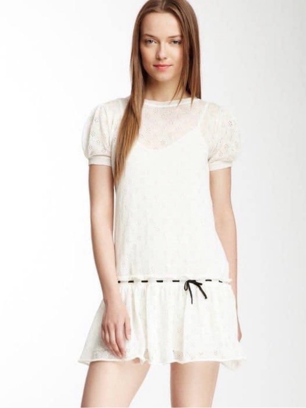 ASO Inventing Anna: RED VALENTINO White Black Knit Puff Sleeve Shift Mini Dress